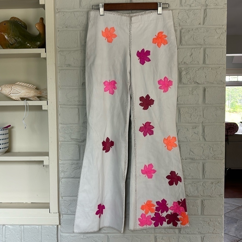 Tina Neumann 100% Natural White Leather Flowered Bell Bottom Hand Sewn Pants